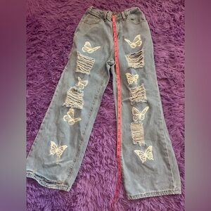 Girls SHEIN Butterfly Distressed Wide Leg Jeans. Sz 11Y
